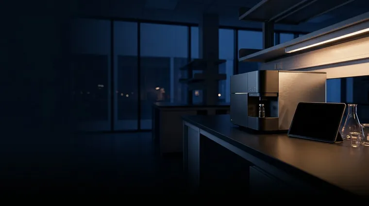 A benchtop lab instrument and a tablet on a dark laboratory counter