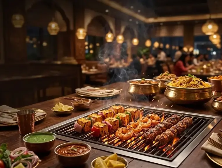 Skewers of paneer, prawns and kebabs on a table grill in a Barbeque Nation restaurant