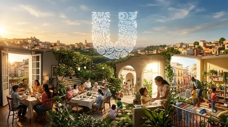 Families sharing meals and everyday moments on sunlit terraces, beneath an illustrated Unilever logo